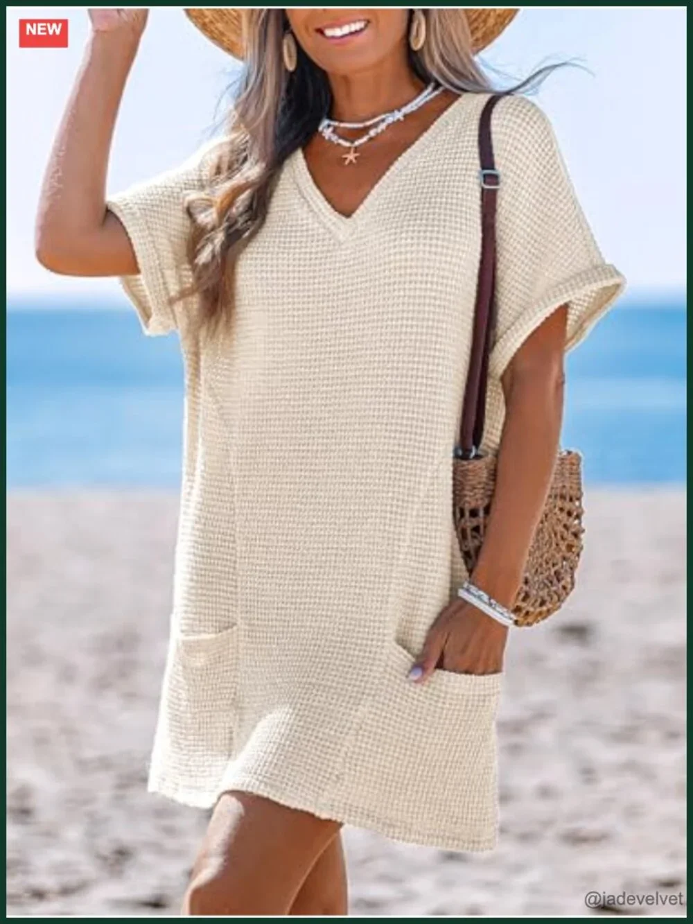 Waffle Knit V Neck Short Sleeve Beach Coverup Dress with Pockets